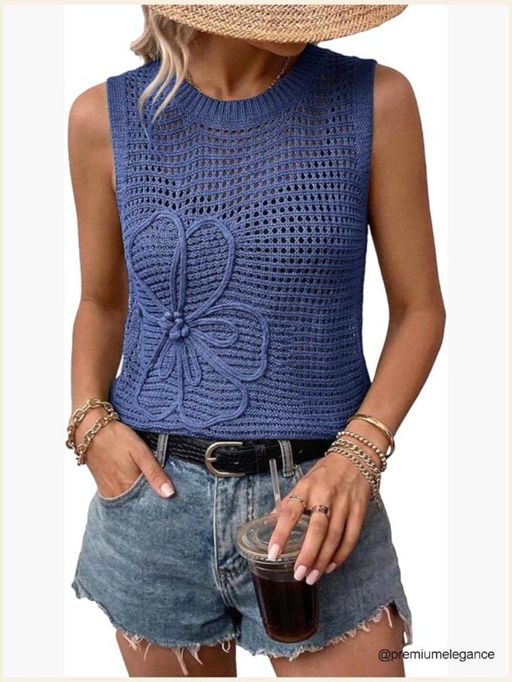 Crewneck Sleeveless Hollow Out Knit Flower Sweater Vest Top Trendy Crop Shirt